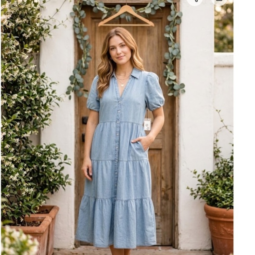 GRACE + KARMA Light Blue Button-Front Tiered Midi Dress. SIZE S